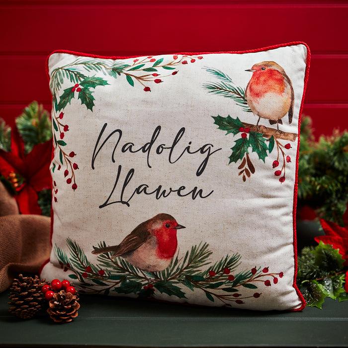 Nadolig Llawen Christmas cushion - robins & holly - large