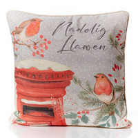Nadolig Llawen Christmas cushion - robins & post box - large