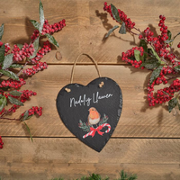 Welsh Robin with Bow 'Nadolig Llawen' Slate Heart Hanger