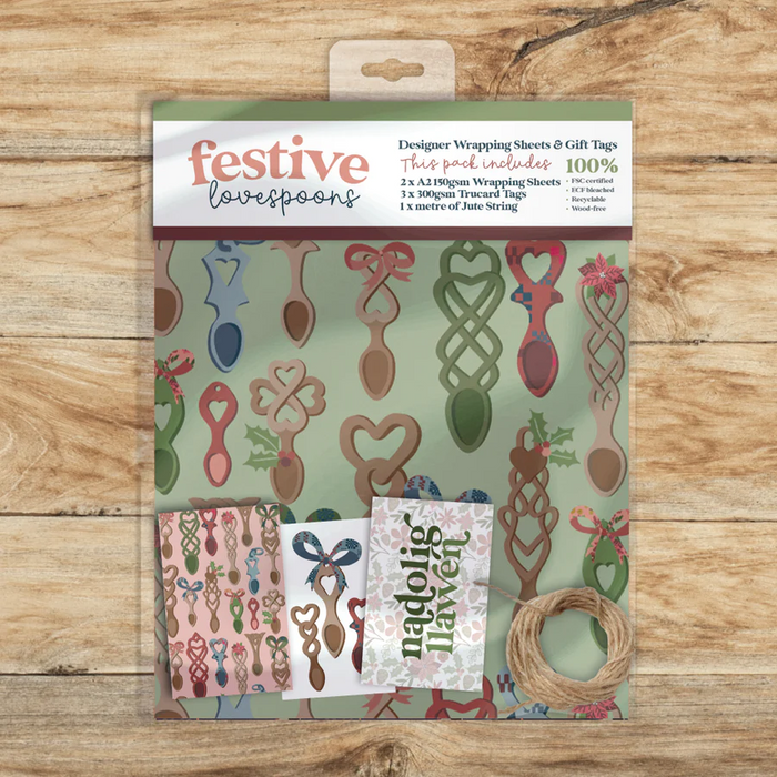 Christmas wrapping paper & tags - festive lovespoons