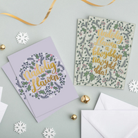Welsh Christmas Card Set of 4 'Nadolig Llawen a Blwyddyn Newydd Dda' green and lilac