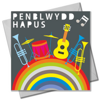 Welsh birthday card - Rainbow of instruments- Happy birthday, pompoms