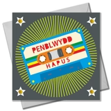 Welsh birthday card - Tape cassette - Happy birthday, pompoms