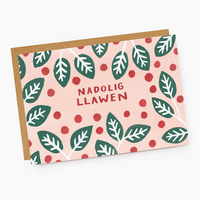 Welsh Christmas card 'Nadolig Llawen' pink holly