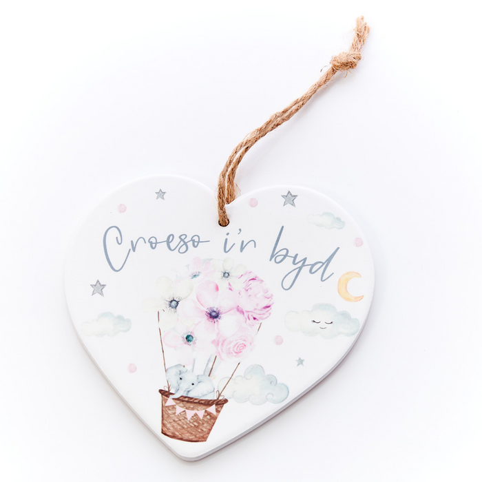 New Baby Ceramic Heart Plaque - Croeso i'r byd - pink or blue