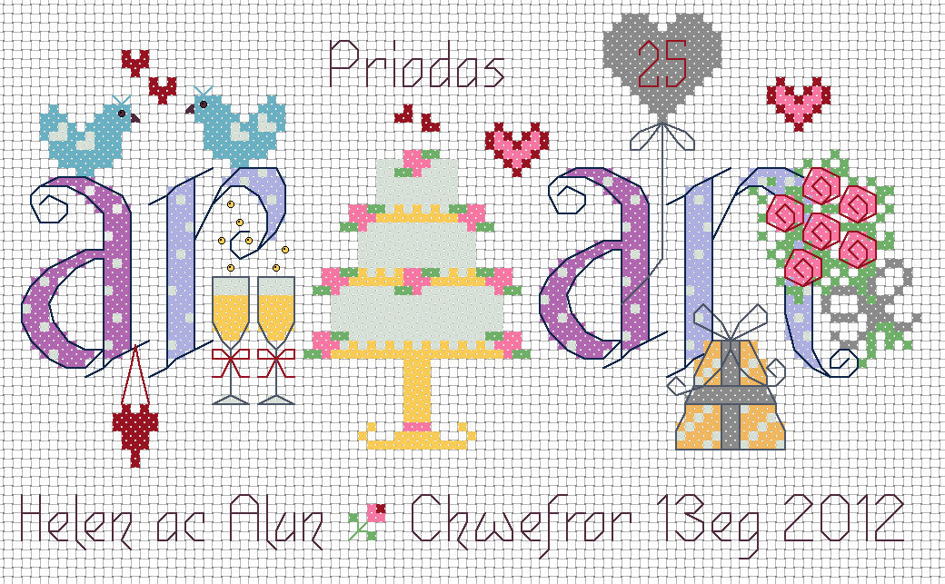 Priodas Arian silver anniversary cross stitch chart