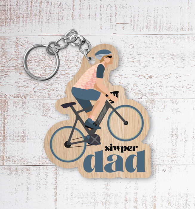 Painted Wooden Keyring 'Siwpyr Dad' super Dad cyclist