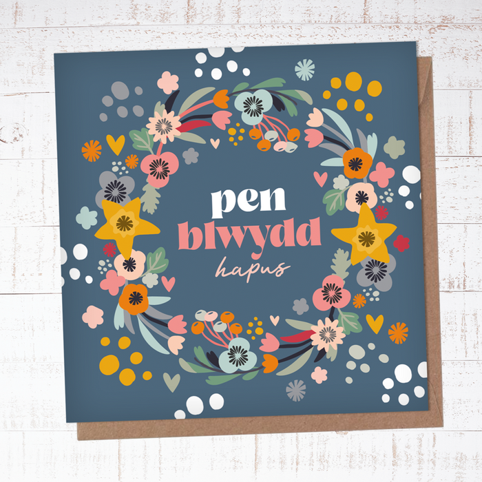 Birthday card 'Penblwydd Hapus' floral wreath