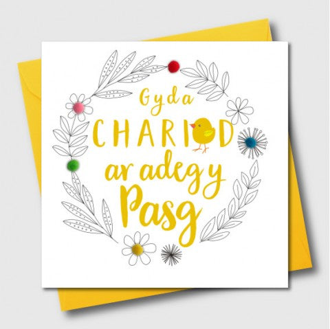 Easter card - Gyda Chariad ar adeg y Pasg - Pompoms