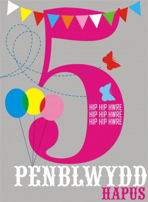Birthday card 'Penblwydd Hapus 5' pink