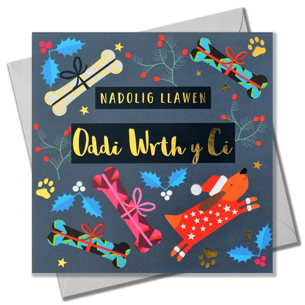 Christmas card 'Nadolig Llawen Oddi Wrth y Ci' from the dog foil
