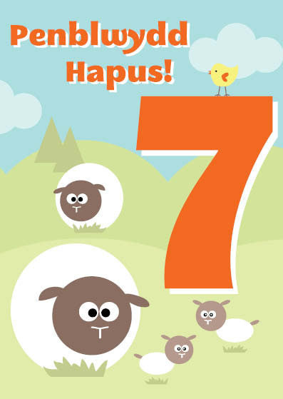 Birthday card 'Penblwydd Hapus 7' sheep