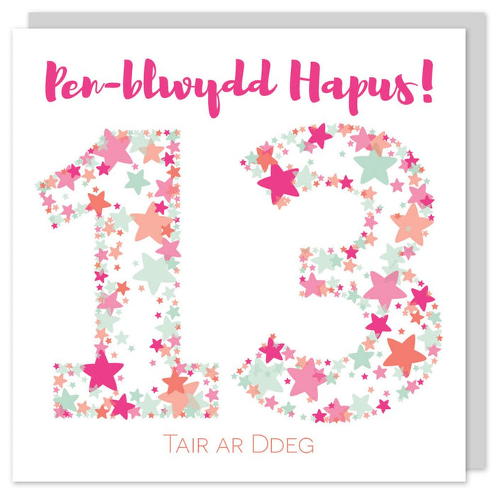 Birthday card 'Pen-blwydd hapus 13' pink