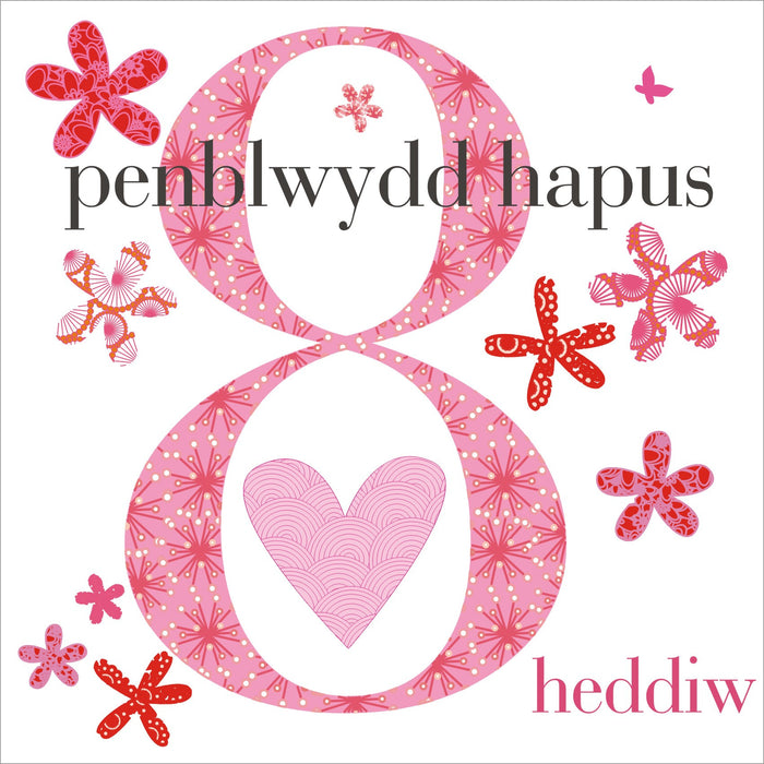 Birthday card 'Penblwydd Hapus 8' pink