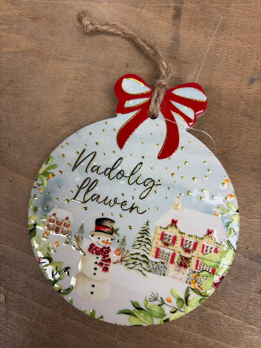 Ceramic Christmas 'Nadolig Llawen' Bauble Decoration - Snowman