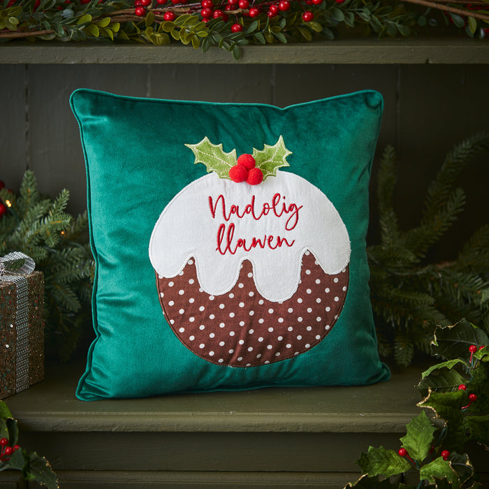 Nadolig Llawen Christmas cushion - pudding - green