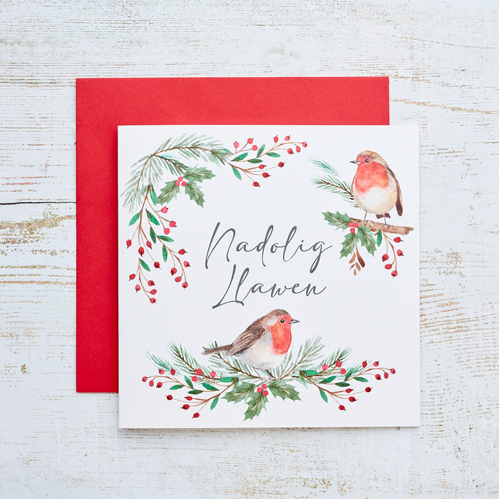 Christmas card 'Nadolig Llawen' robin with holly