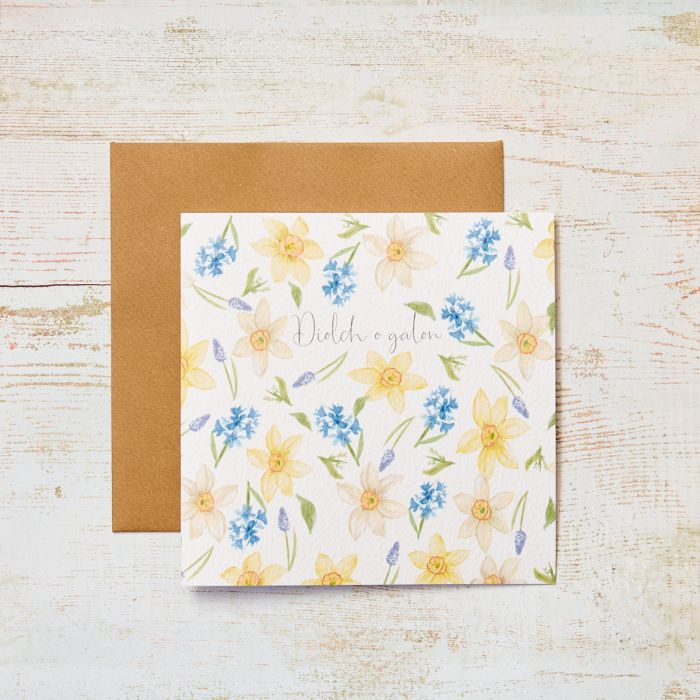 Thank you card 'Diolch o Galon' daffodils & hyacinths