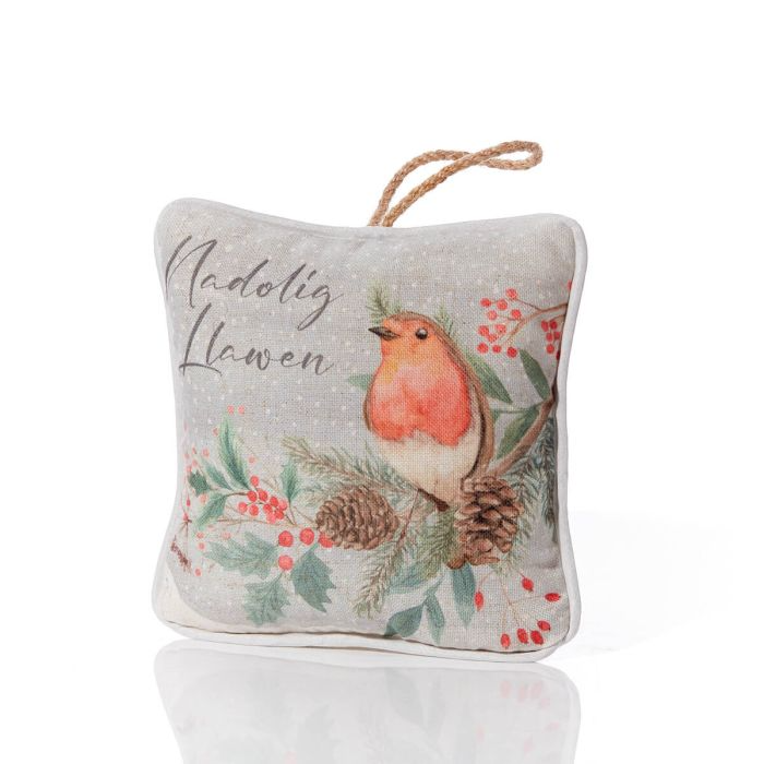 Nadolig Llawen Christmas hanging cushion - robin