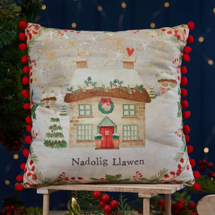 Nadolig Llawen Christmas cushion - cottage - pompoms