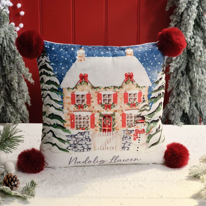 Nadolig Llawen Christmas cushion - cottage - pompoms