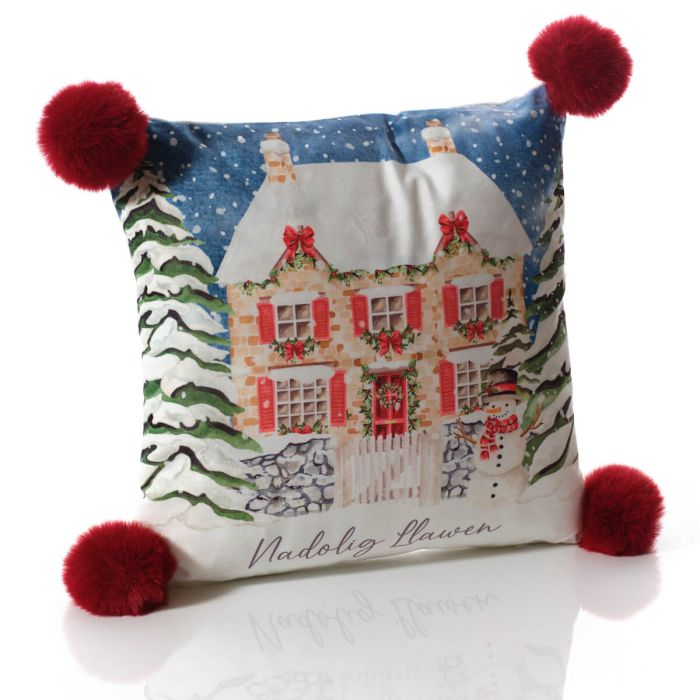 Nadolig Llawen Christmas cushion - cottage - pompoms