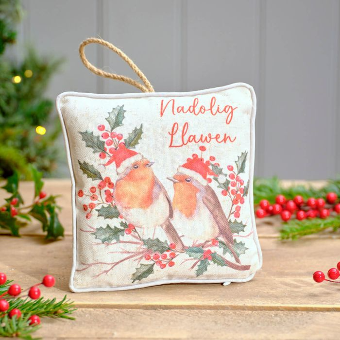 Nadolig Llawen Christmas hanging cushion - pair of robins
