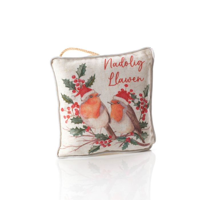 Nadolig Llawen Christmas hanging cushion - pair of robins