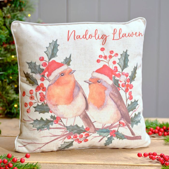 Nadolig Llawen Christmas cushion - robins & holly