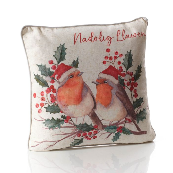 Nadolig Llawen Christmas cushion - robins & holly