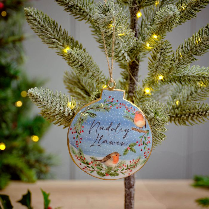 Metal Christmas Bauble Decoration - Nadolig Llawen - Robin