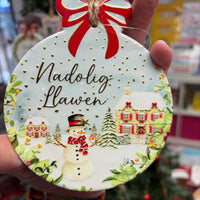 Ceramic Christmas 'Nadolig Llawen' Bauble Decoration - Snowman