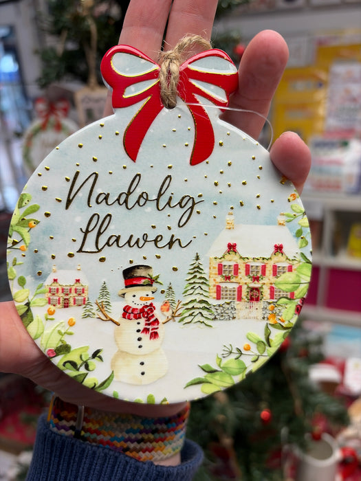 Ceramic Christmas 'Nadolig Llawen' Bauble Decoration - Snowman