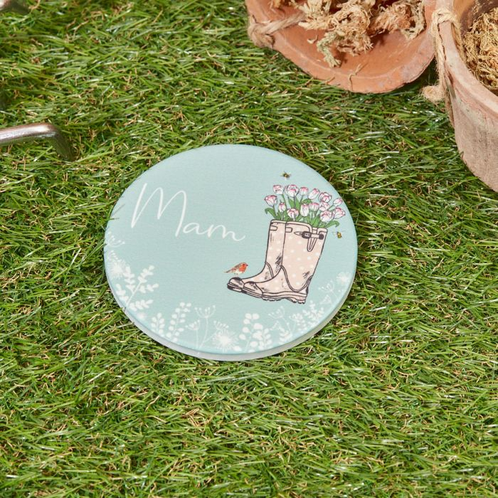Welsh ceramic coaster - wellies - Nain / Ffrind / Mam