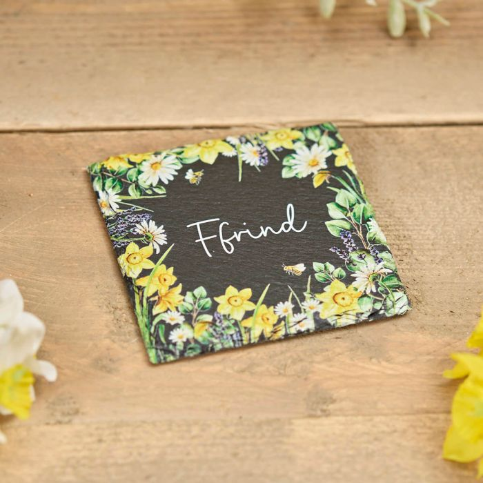 Welsh Floral Slate Coaster - Ffrind / Nain / Chwaer