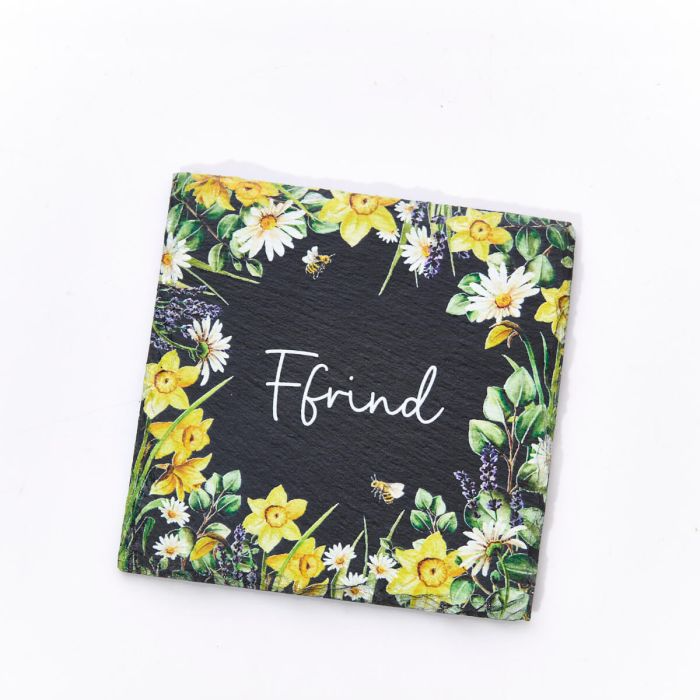 Welsh Floral Slate Coaster - Ffrind / Nain / Chwaer