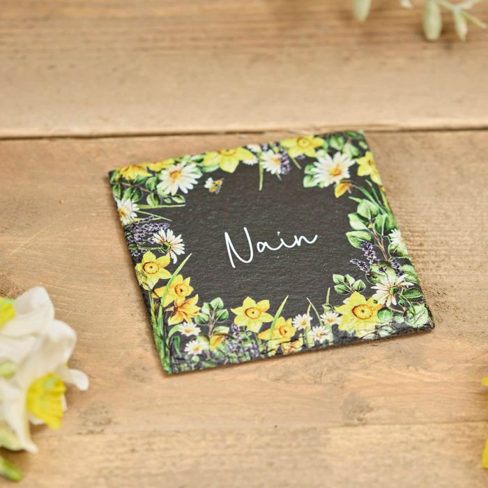 Welsh Floral Slate Coaster - Ffrind / Nain / Chwaer