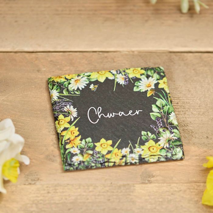 Welsh Floral Slate Coaster - Ffrind / Nain / Chwaer