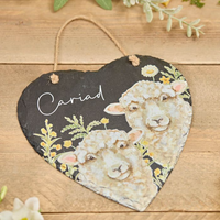 Heart Slate Plaque - Sheep & Florals - 'Cariad'