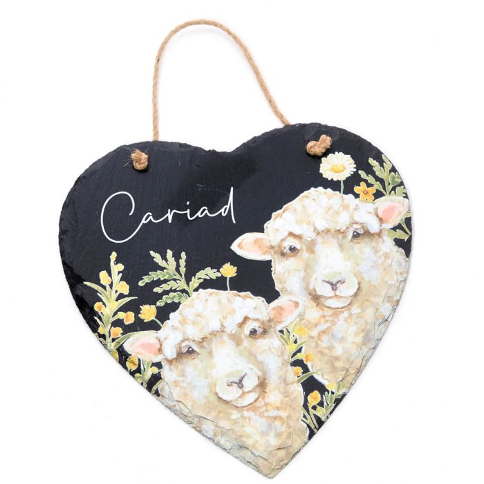 Heart Slate Plaque - Sheep & Florals - &