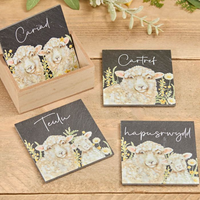 Slate Coaster - Sheep & Florals - Cariad / Cartref / Hapusrwydd / Teulu