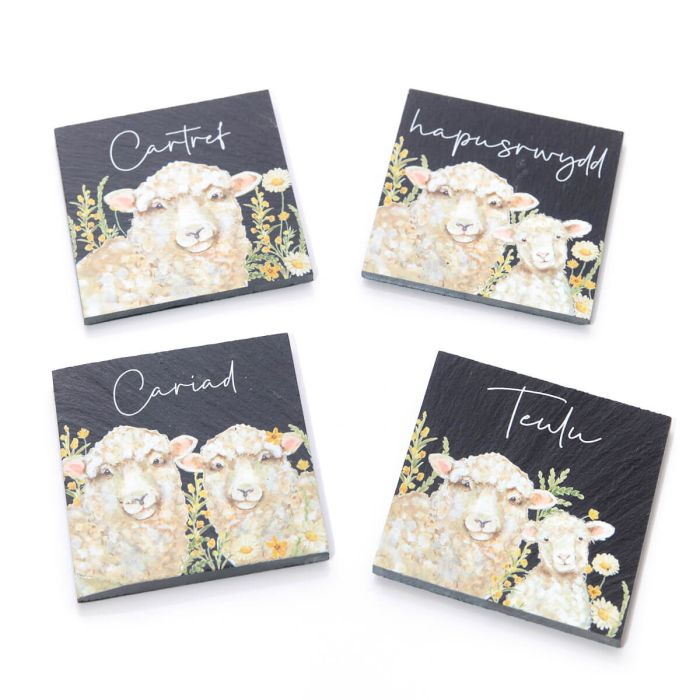 Slate Coaster - Sheep & Florals - Cariad / Cartref / Hapusrwydd / Teulu
