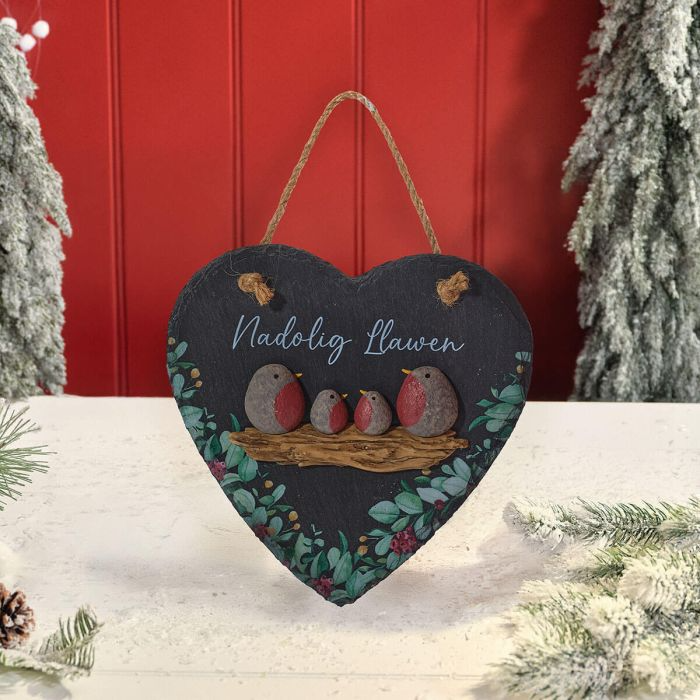 Nadolig Llawen slate hanging heart - robins