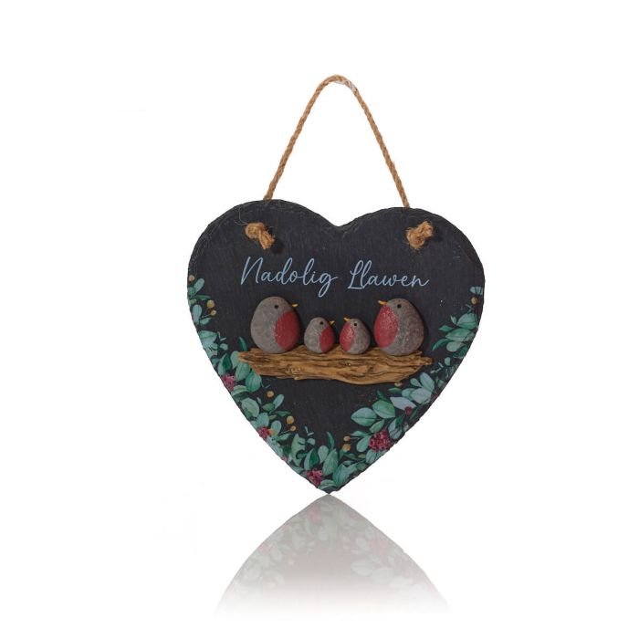 Nadolig Llawen slate hanging heart - robins