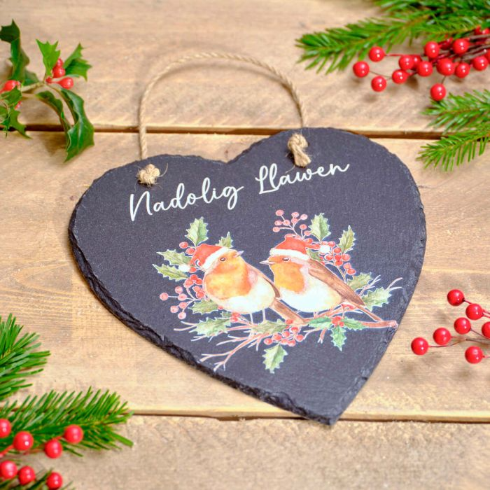 Nadolig Llawen Slate Heart Hanger - Robins with Berries