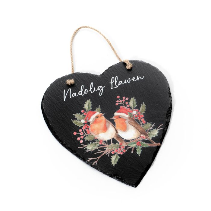 Nadolig Llawen Slate Heart Hanger - Robins with Berries