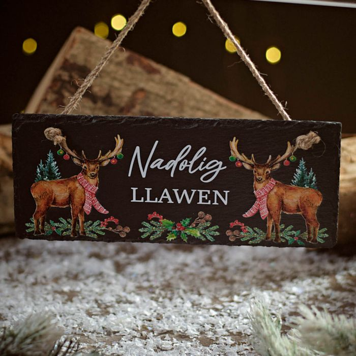 Welsh 'Nadolig Llawen' Christmas Slate Plaque - Double Stag