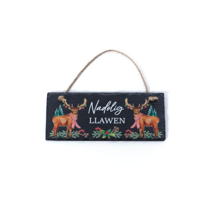 Welsh 'Nadolig Llawen' Christmas Slate Plaque - Double Stag