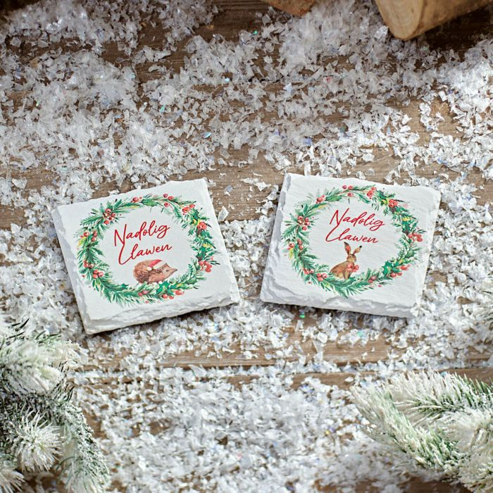 Nadolig Llawen slate coasters - frosted forest - set of 2