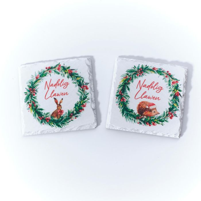 Nadolig Llawen slate coasters - frosted forest - set of 2